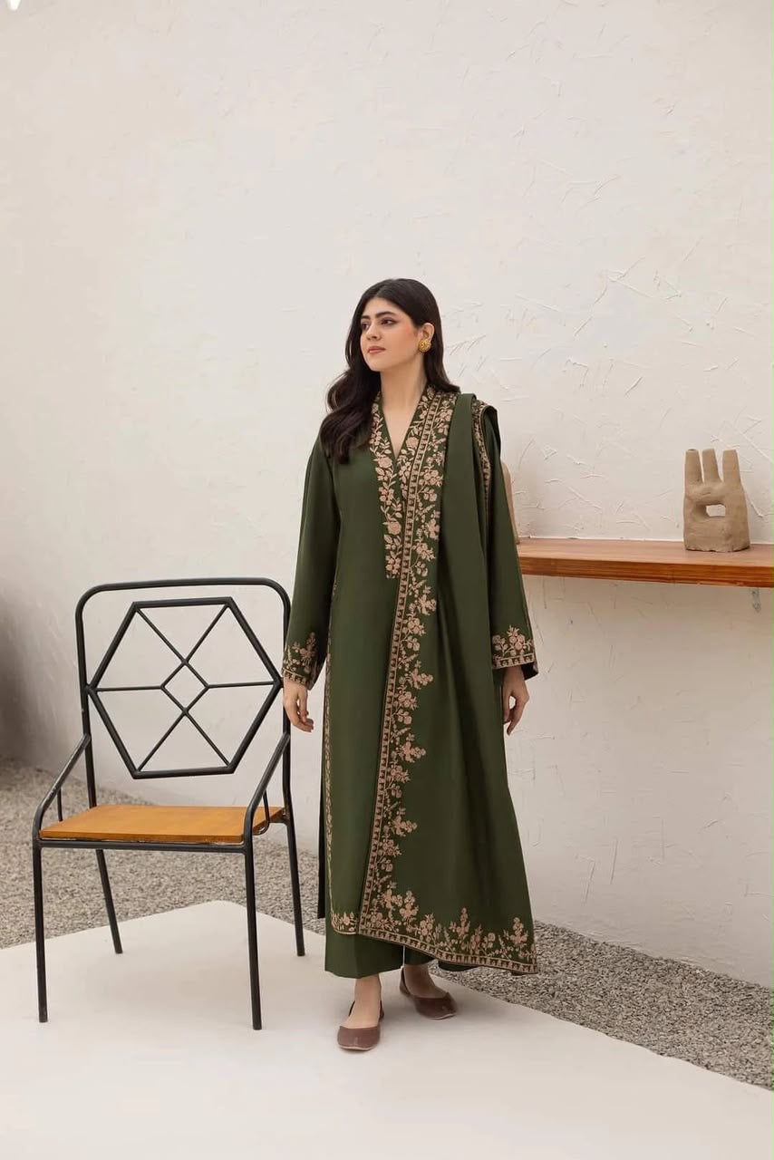 Olive Grace — Olive Green Embroidered 3-Piece Suit
