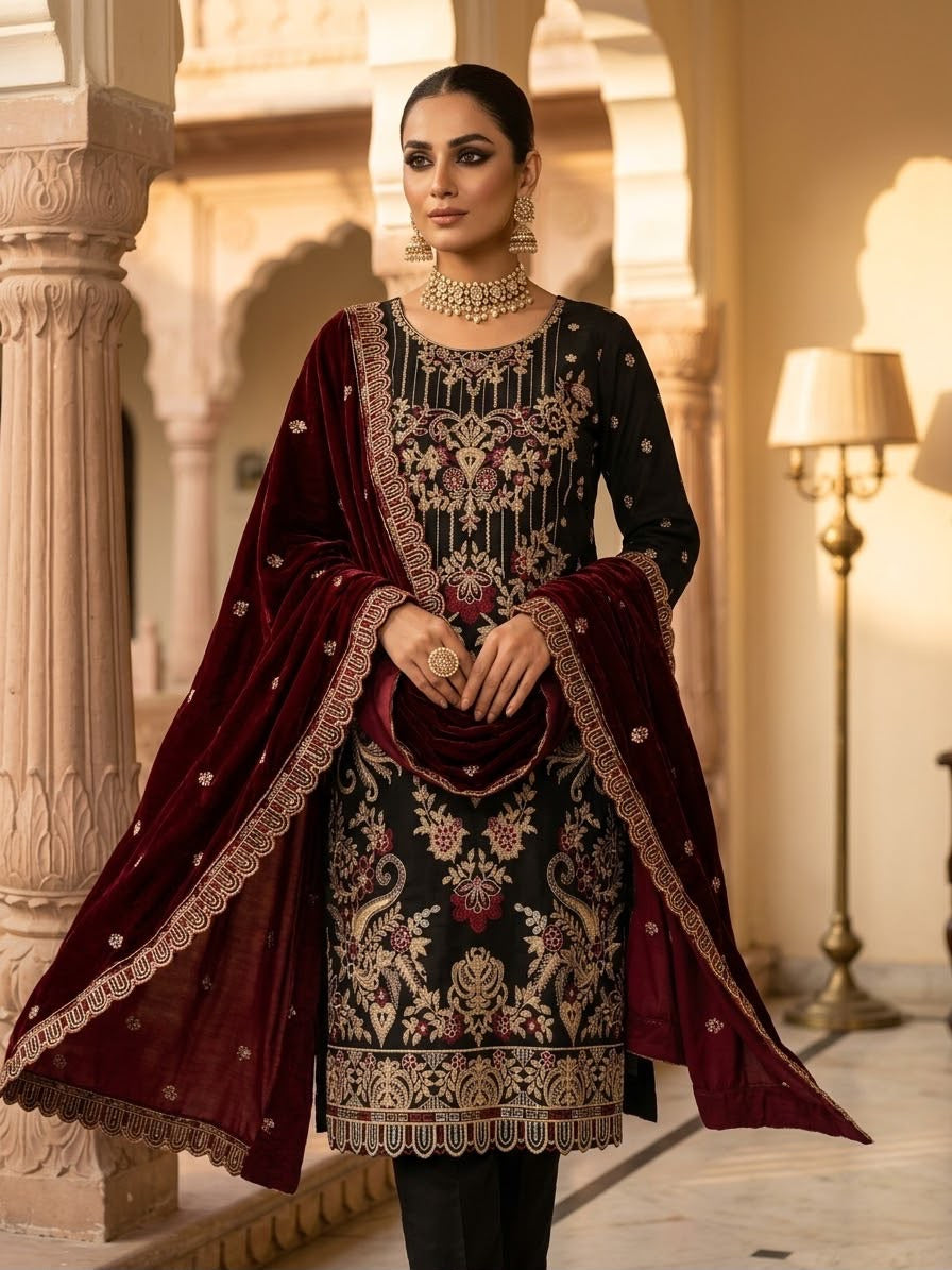 Black Embroidered Suit with Mehroon Dupatta