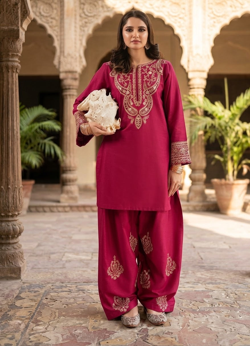 Ruby Royale — Red Chiffon Chadai Work Ensemble