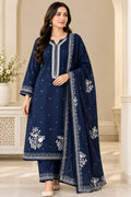 Midnight Grace — Navy Blue Embroidered 3-Piece Suit