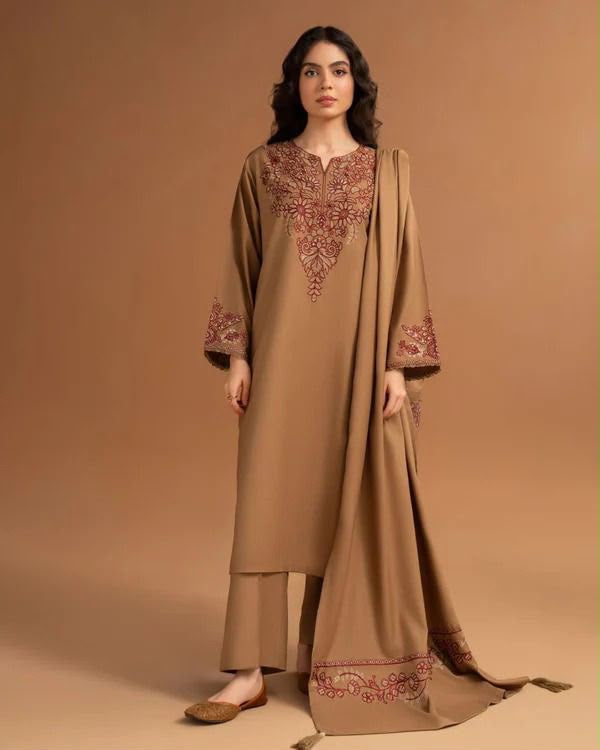Caramel Brown Embroidered 3-Piece Suit