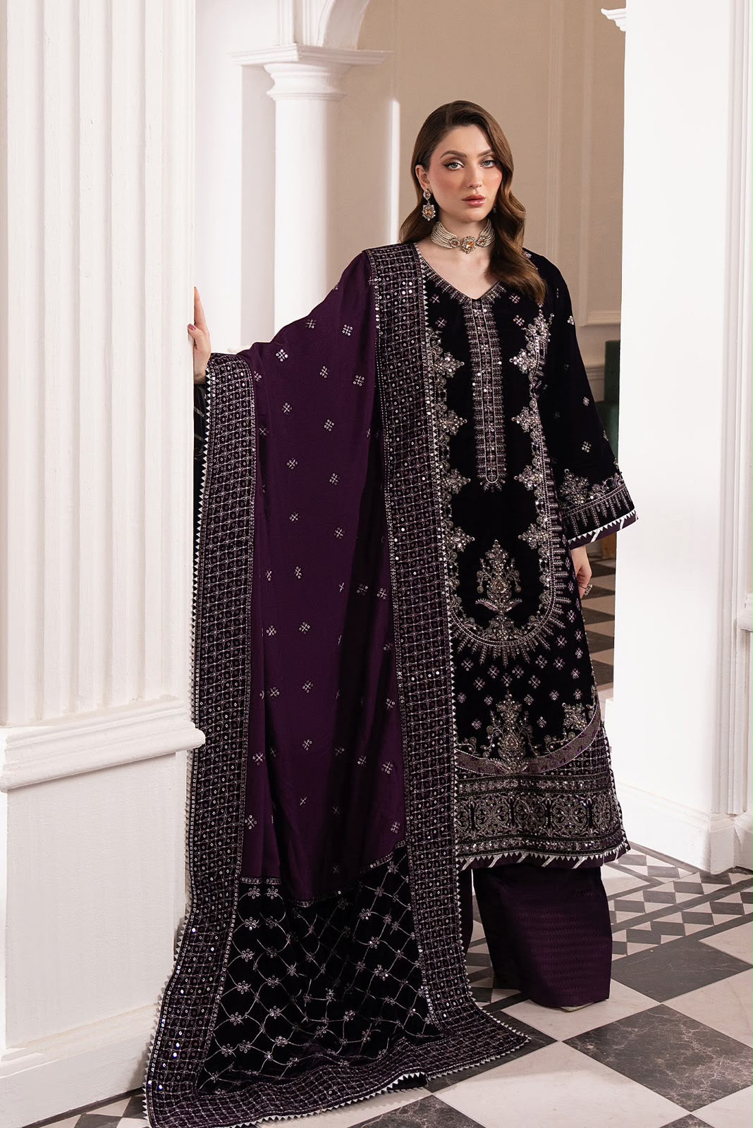 Luxury Velvet Embroidered 3-Piece Suit with Chiffon Dupatta